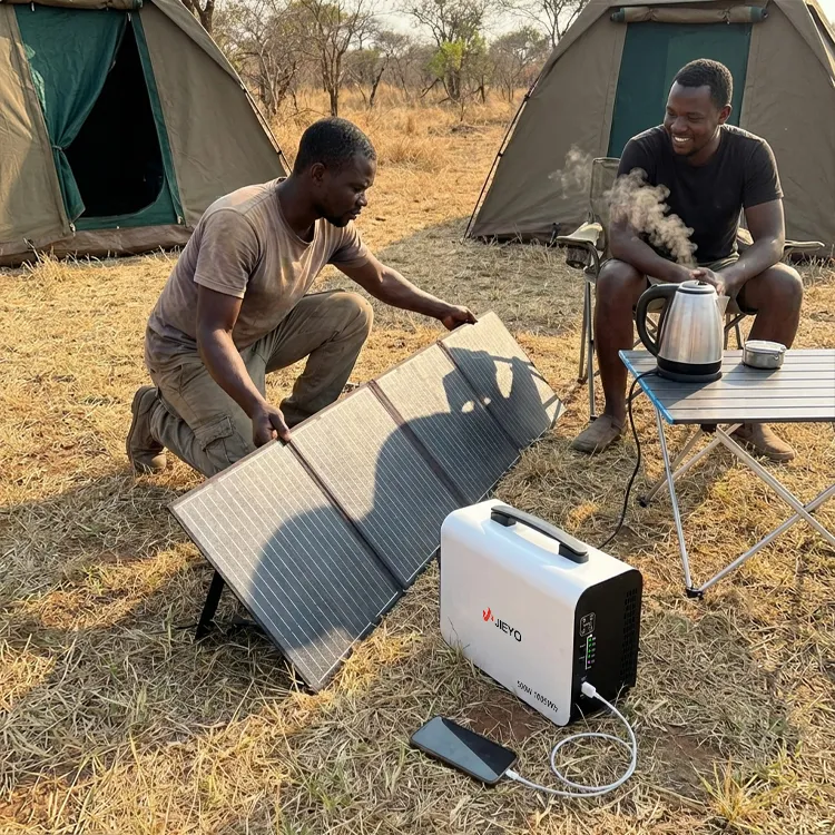 JIEYO 500W 1005Wh Portable Power Station Foldable Solar Panel African Camping Kettle Phone Charging Scene Main Image