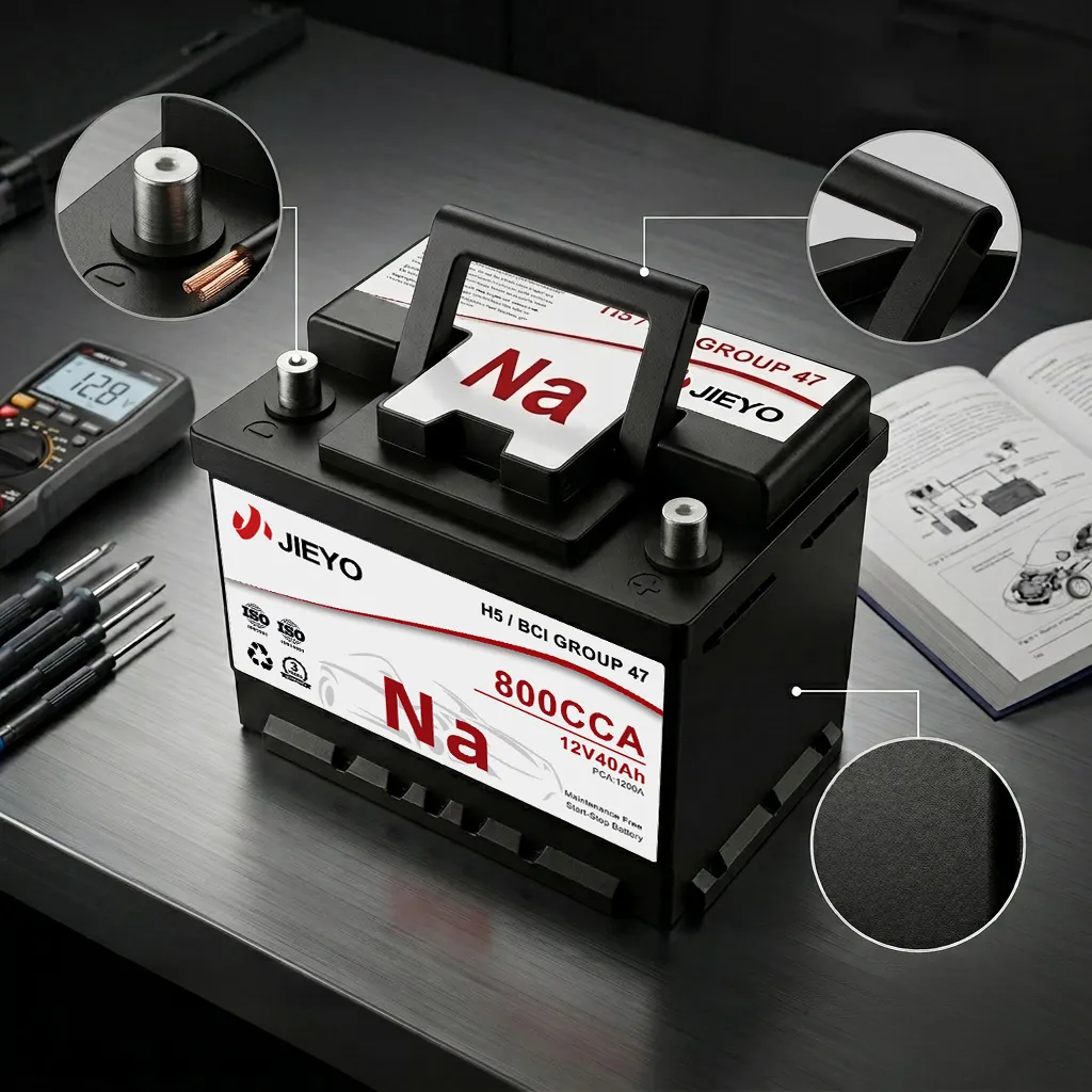 JIEYO 800CCA 12V40Ah Sodium Ion Car Battery 45 Degree View With Detail Feature Display