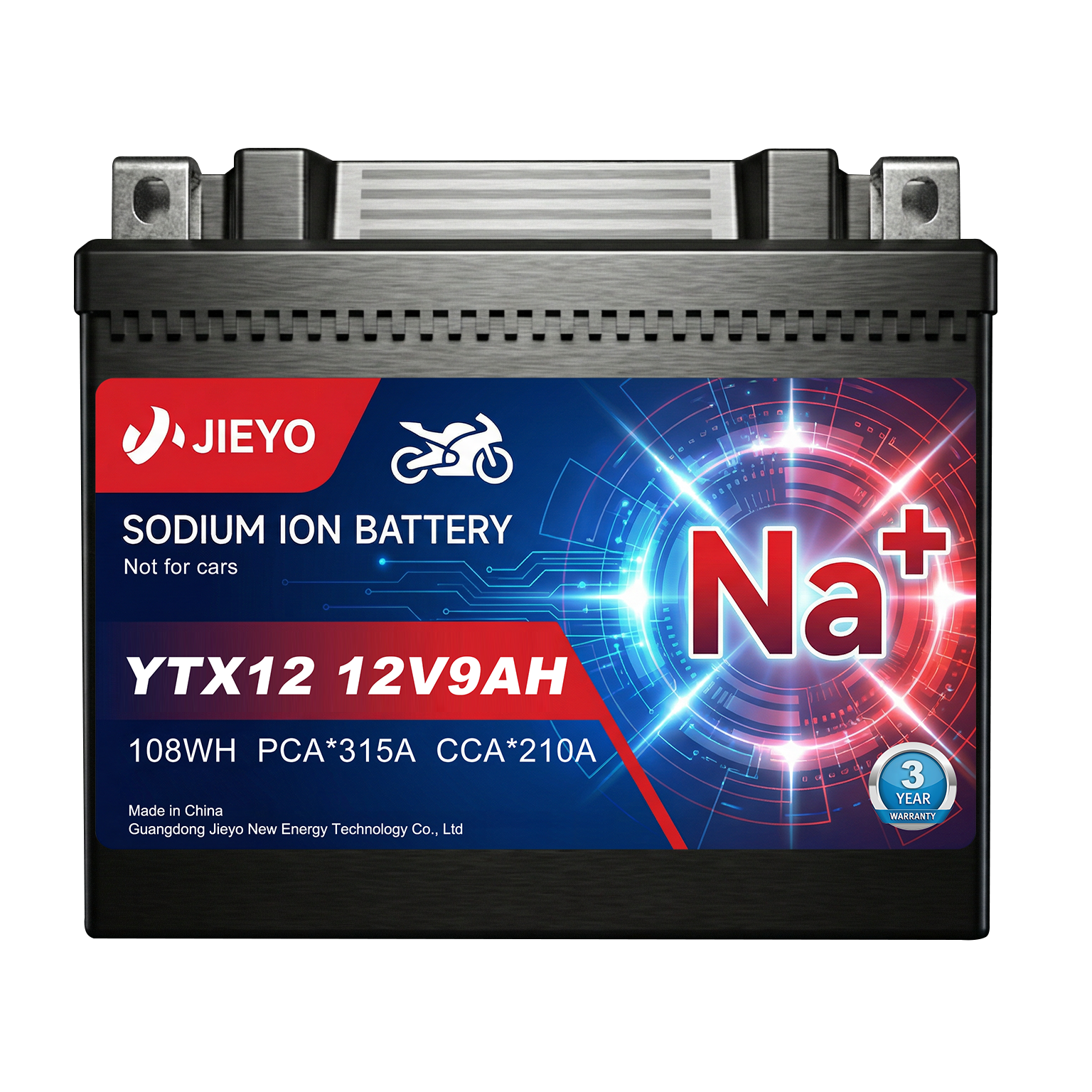 JIEYO YTX12 12V9AH Sodium Ion Motorcycle Battery 3 Year Warranty Front View Main Product Image