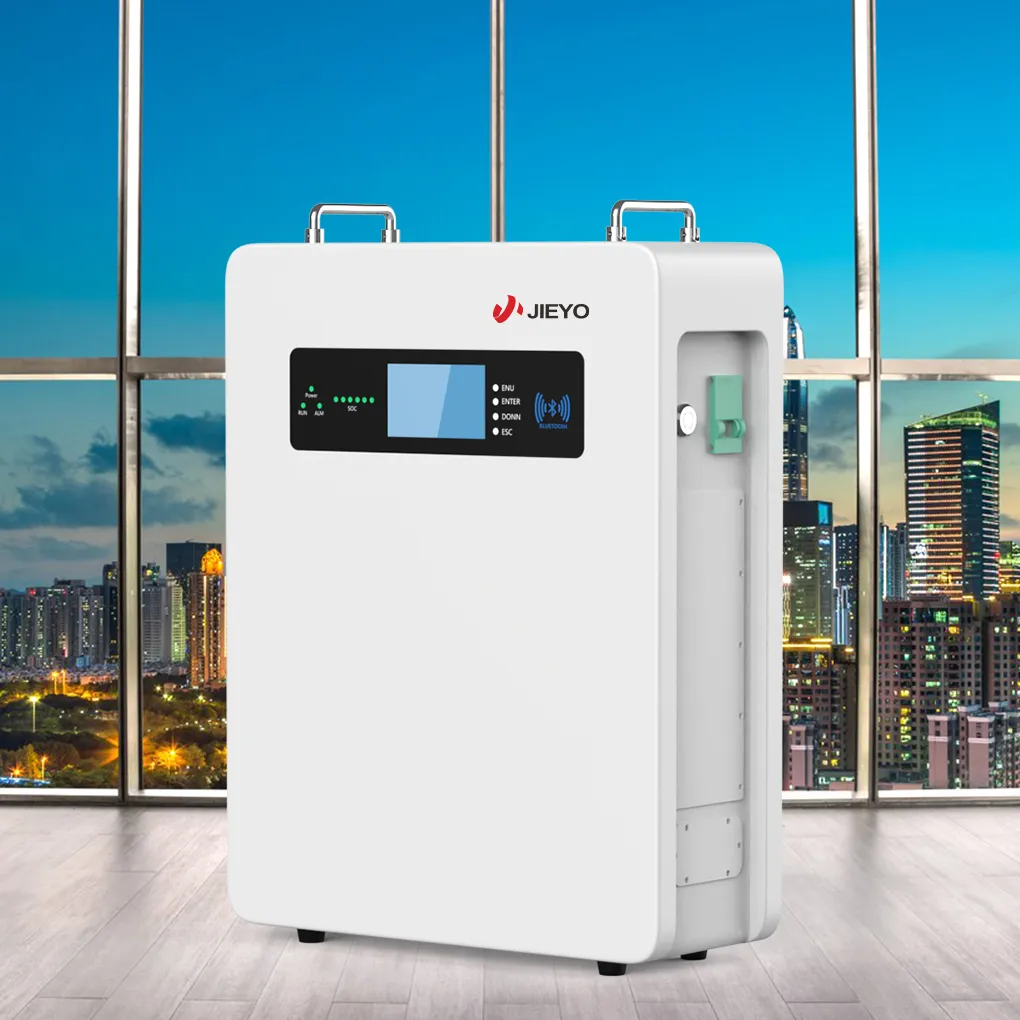 jieyo wall mounted lifepo4 home energy storage battery three quarter front view with city skyline background main product image